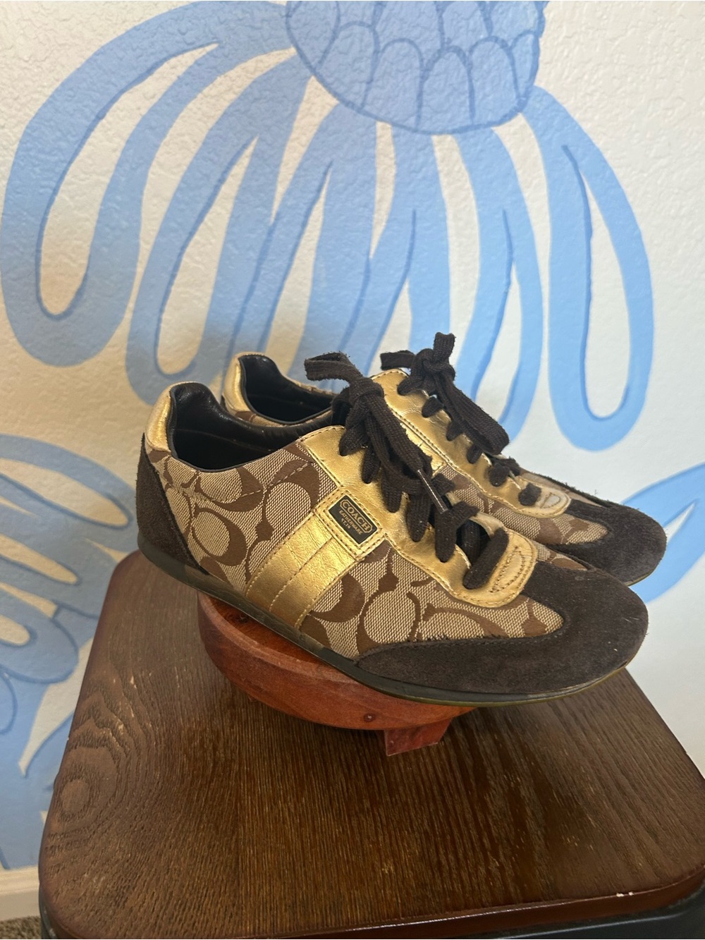 Coach Signature Monogram Canvas Low Top Sneakers Brown Suede Gold Accents